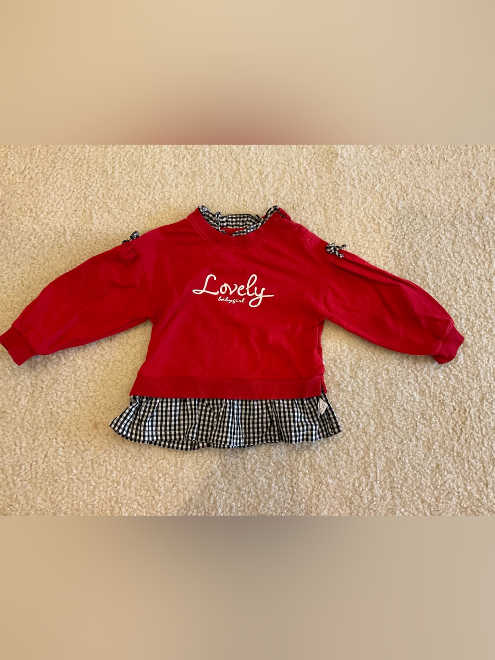 Lovely Red Girls' Sweatshirt with Gingham Hem
